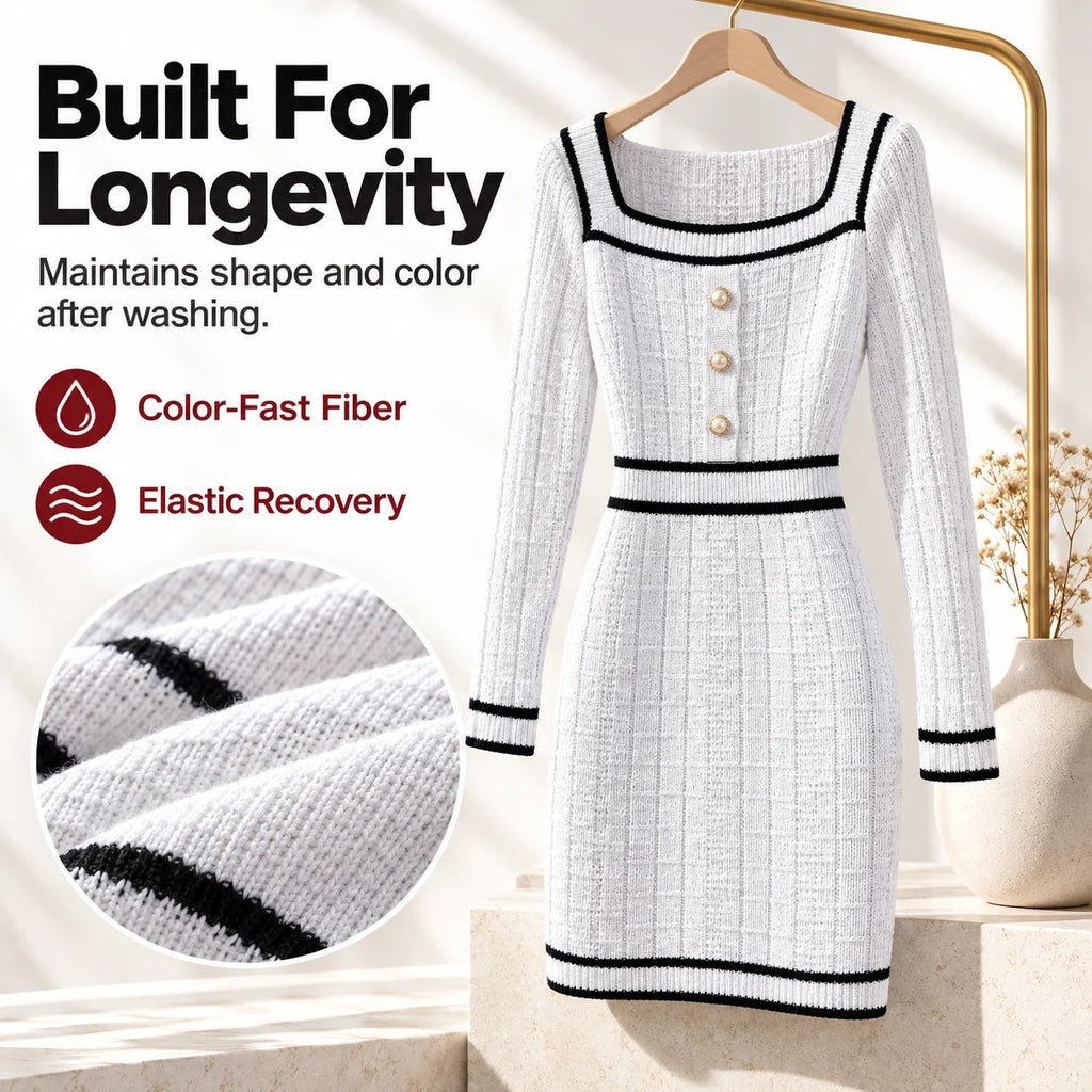 Elegant European-style autumn/winter knit top featuring a square neck, button-front, and long sleeves, paired with a form-fitting skirt.