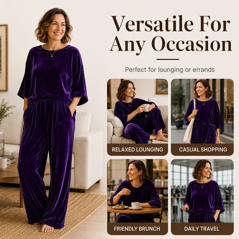 Women's velvet half-sleeve top and wide-leg pants set