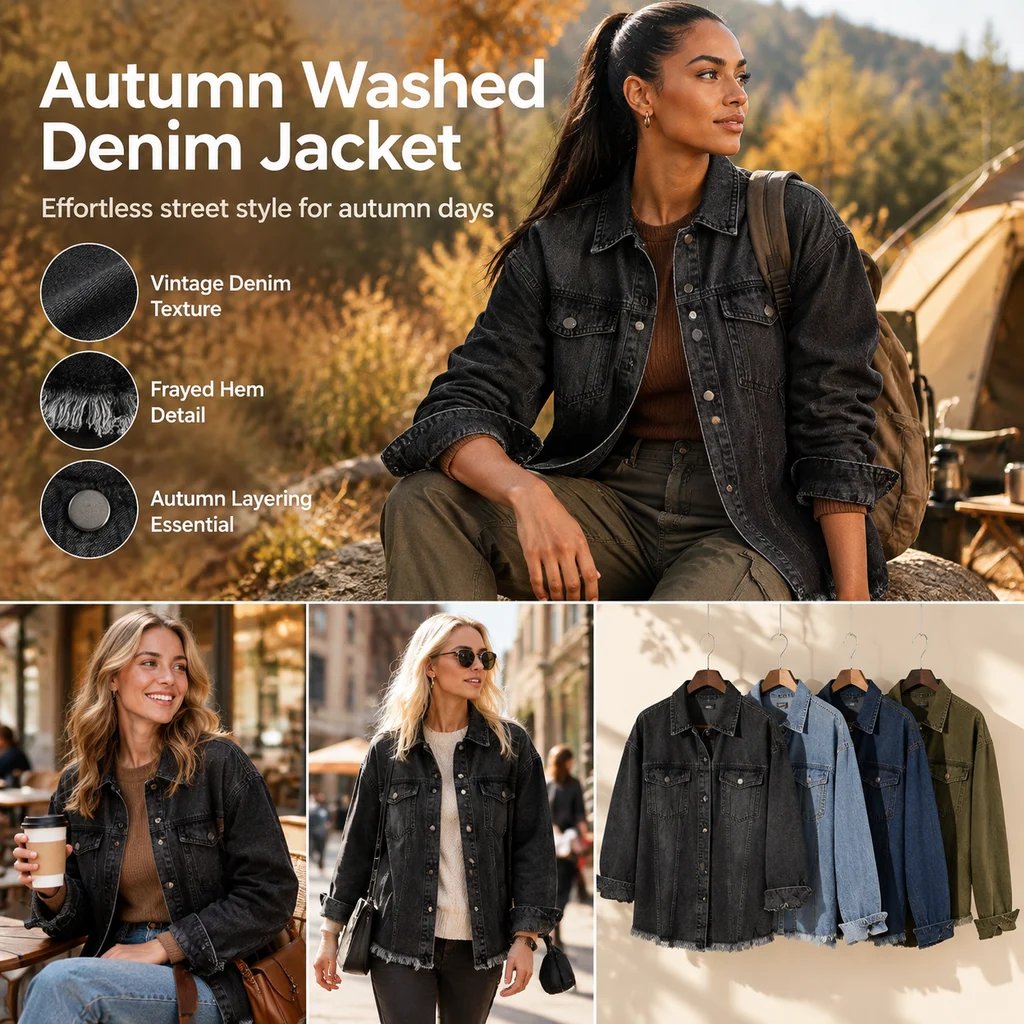 Autumn Street-Style Washed Denim Shirt Jacket with Frayed Hem