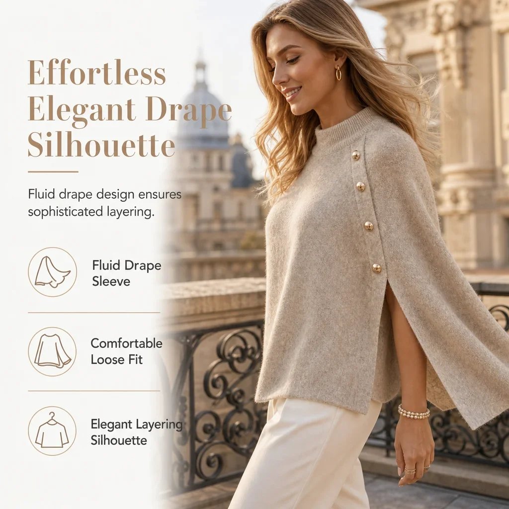 Women's Buttoned Knit Cape Poncho Sweater