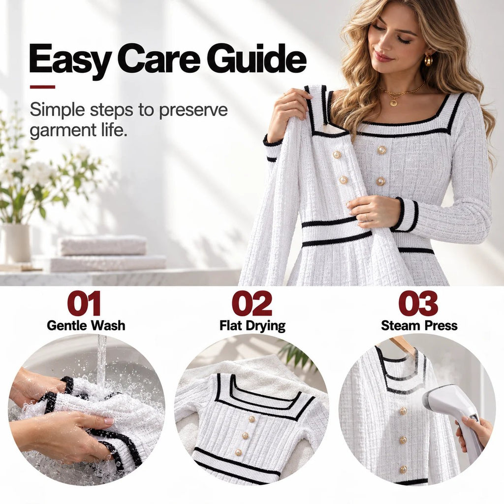 Elegant European-style autumn/winter knit top featuring a square neck, button-front, and long sleeves, paired with a form-fitting skirt.