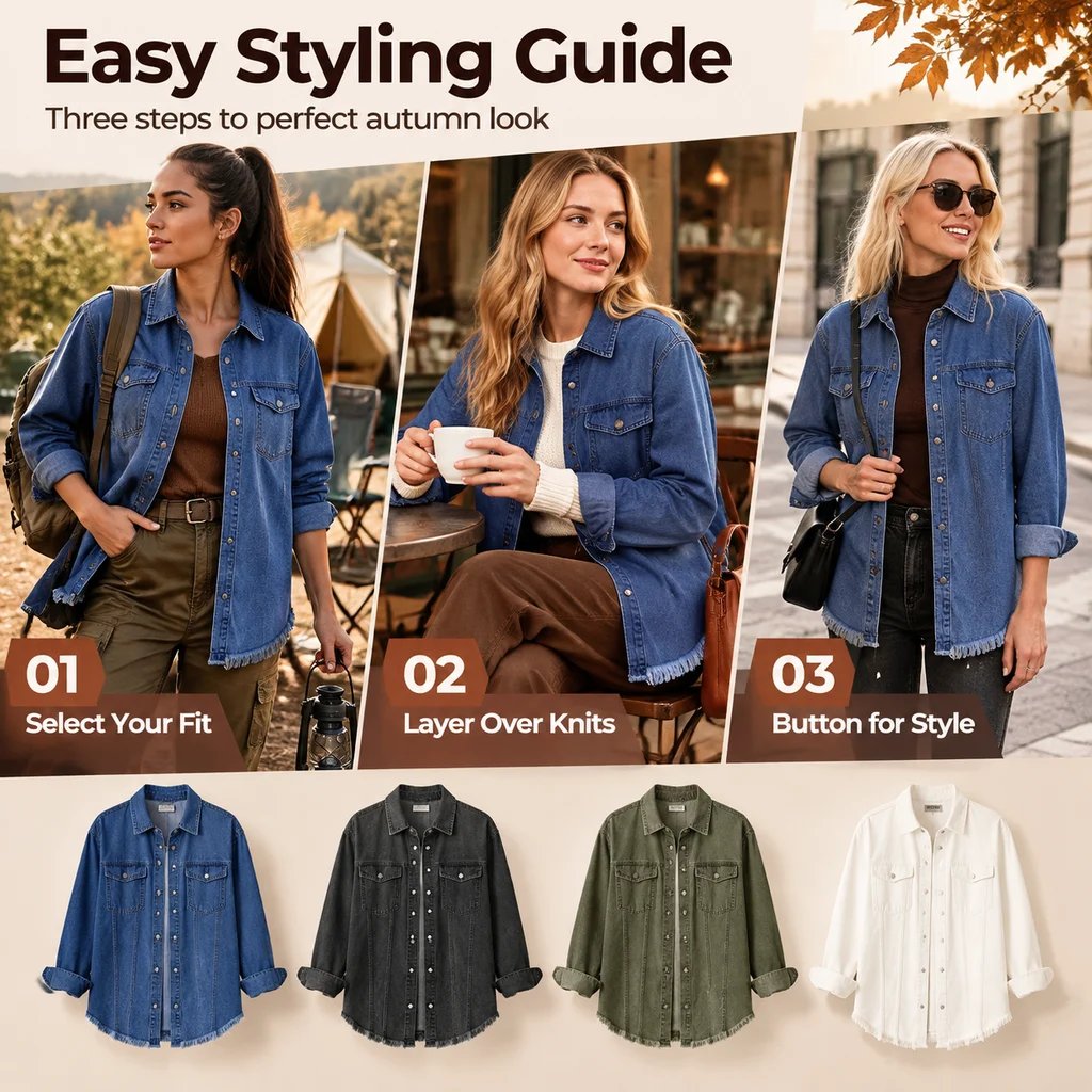 Autumn Street-Style Washed Denim Shirt Jacket with Frayed Hem