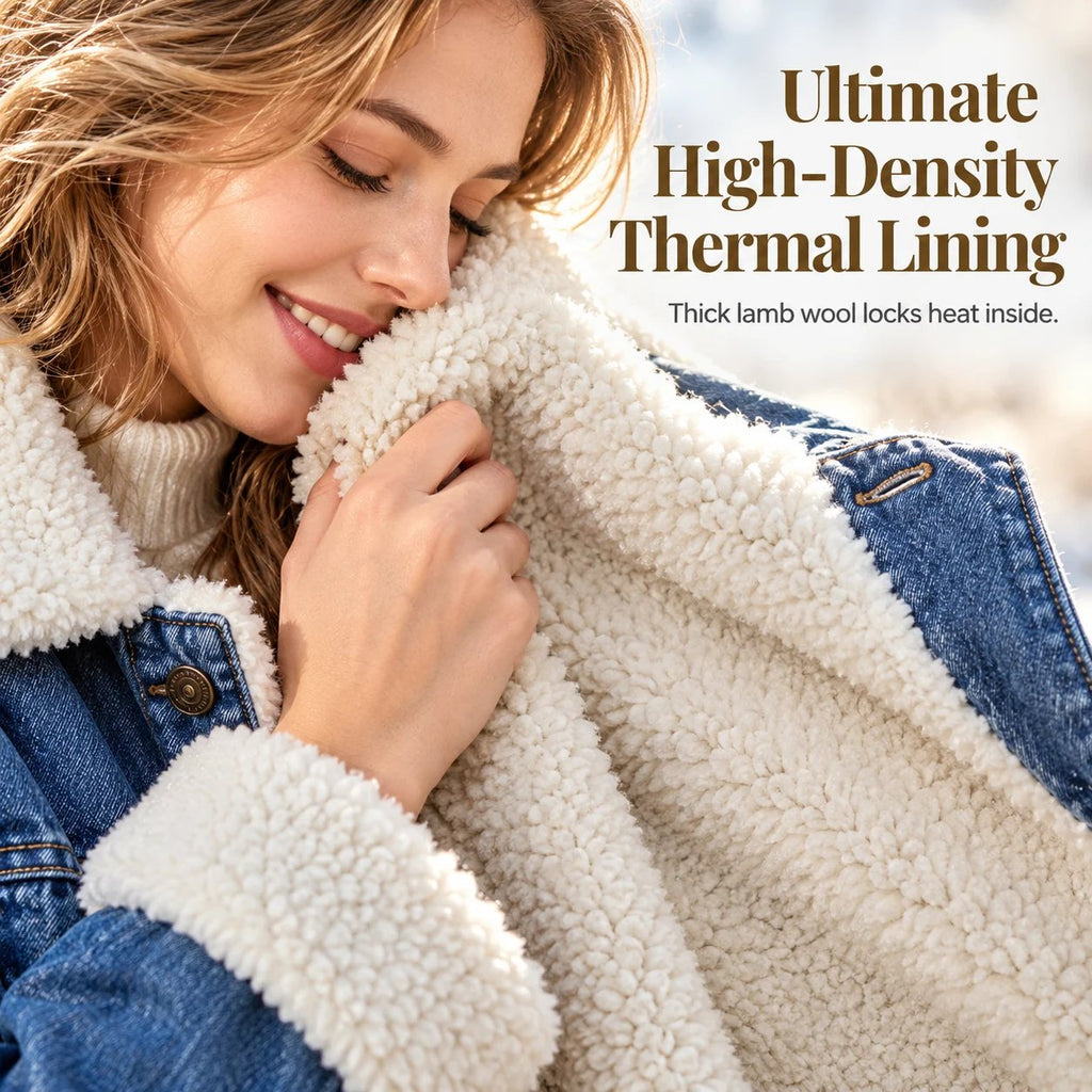 Winter Thickened Lamb Wool Lined Long Denim Jacket for Women