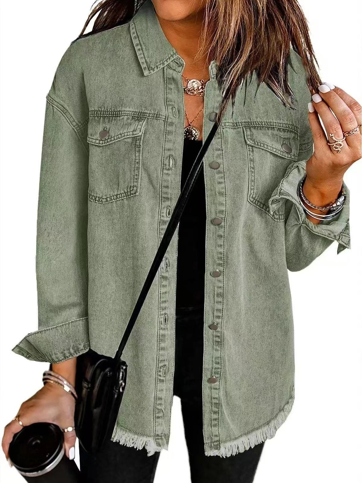 Autumn Street-Style Washed Denim Shirt Jacket with Frayed Hem