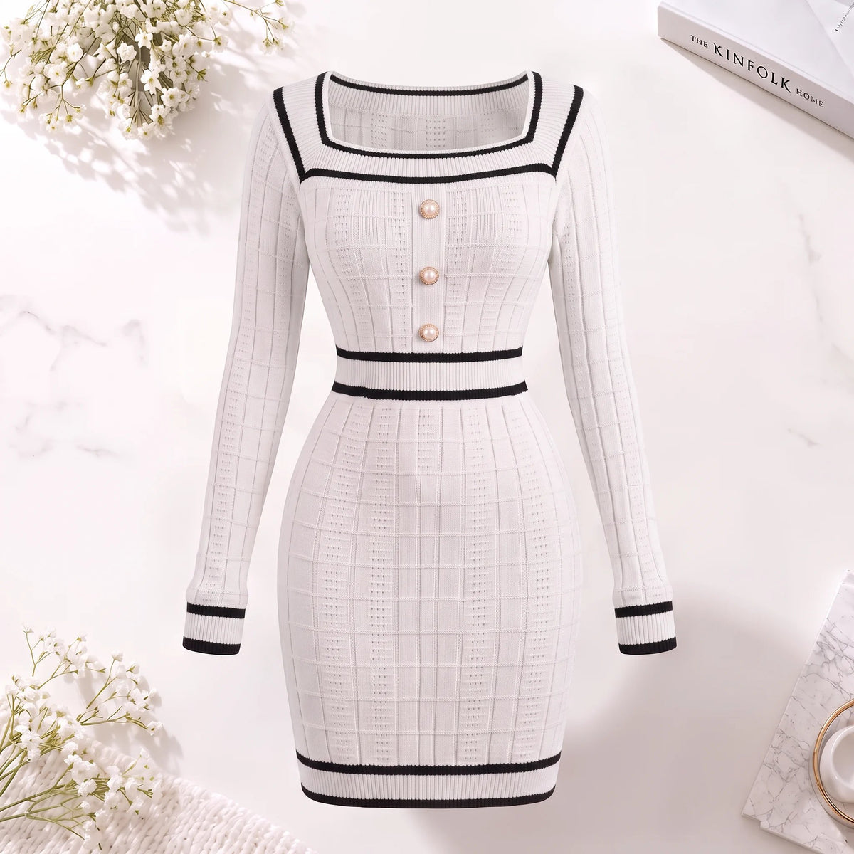 Elegant European-style autumn/winter knit top featuring a square neck, button-front, and long sleeves, paired with a form-fitting skirt.