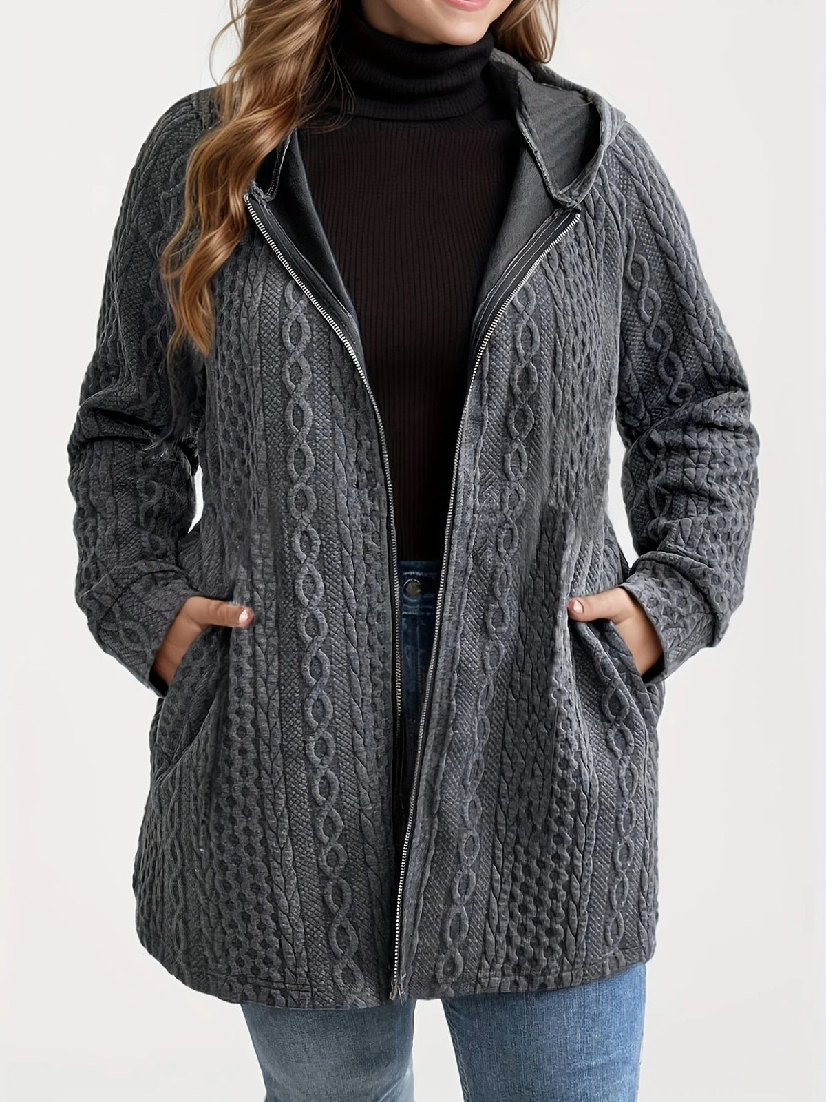 Women's Textured Cable Knit Hooded Zip Cardigan Loose Fit Casual Coat with Pockets