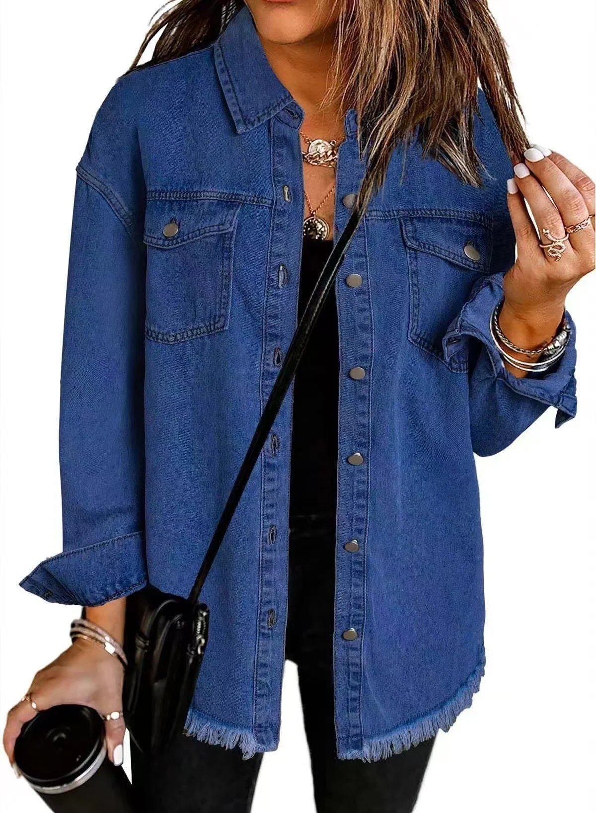 Autumn Street-Style Washed Denim Shirt Jacket with Frayed Hem