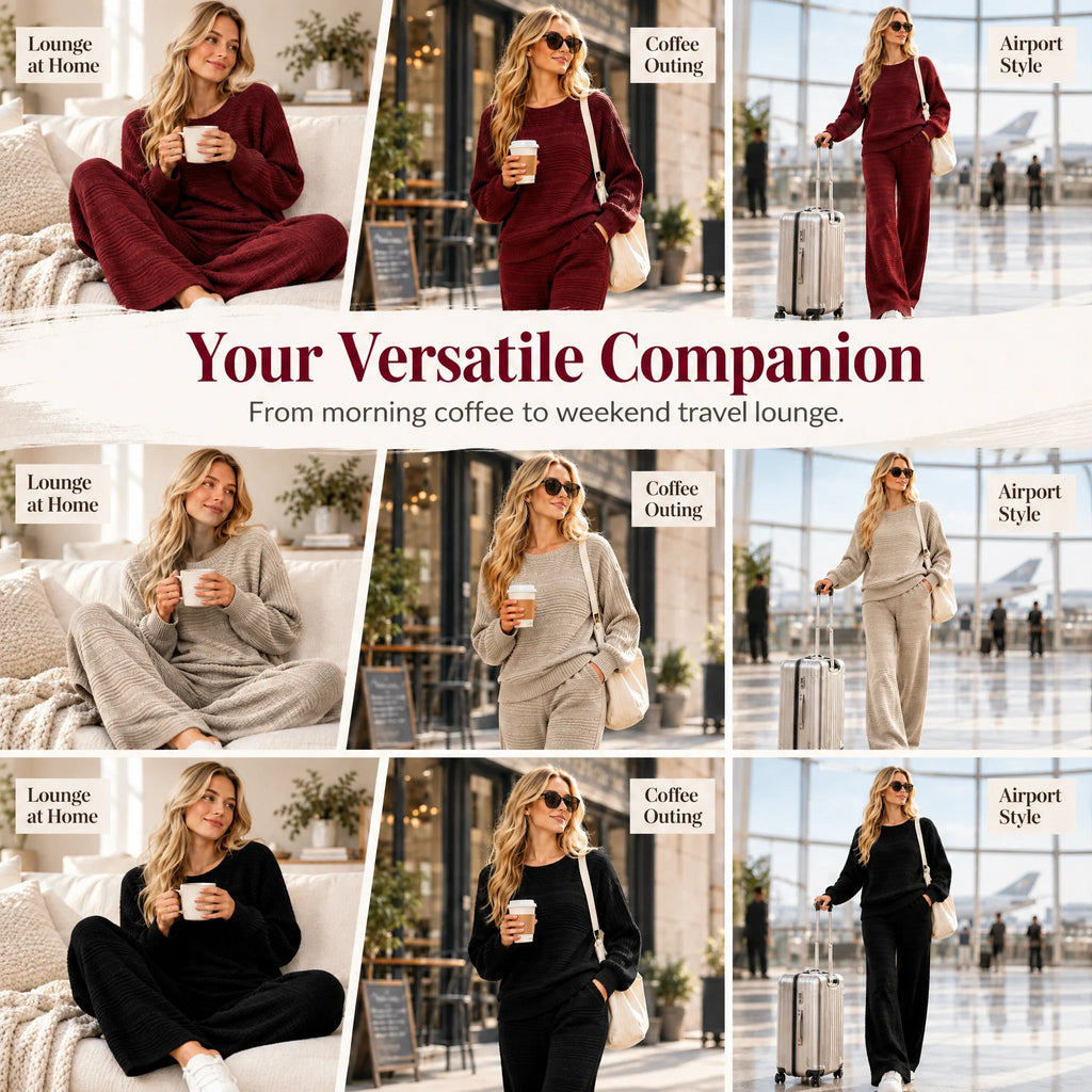 Autumn Winter Ribbed Knit Two-Piece Set Women's Casual Long Sleeve Top and Wide Leg Pants