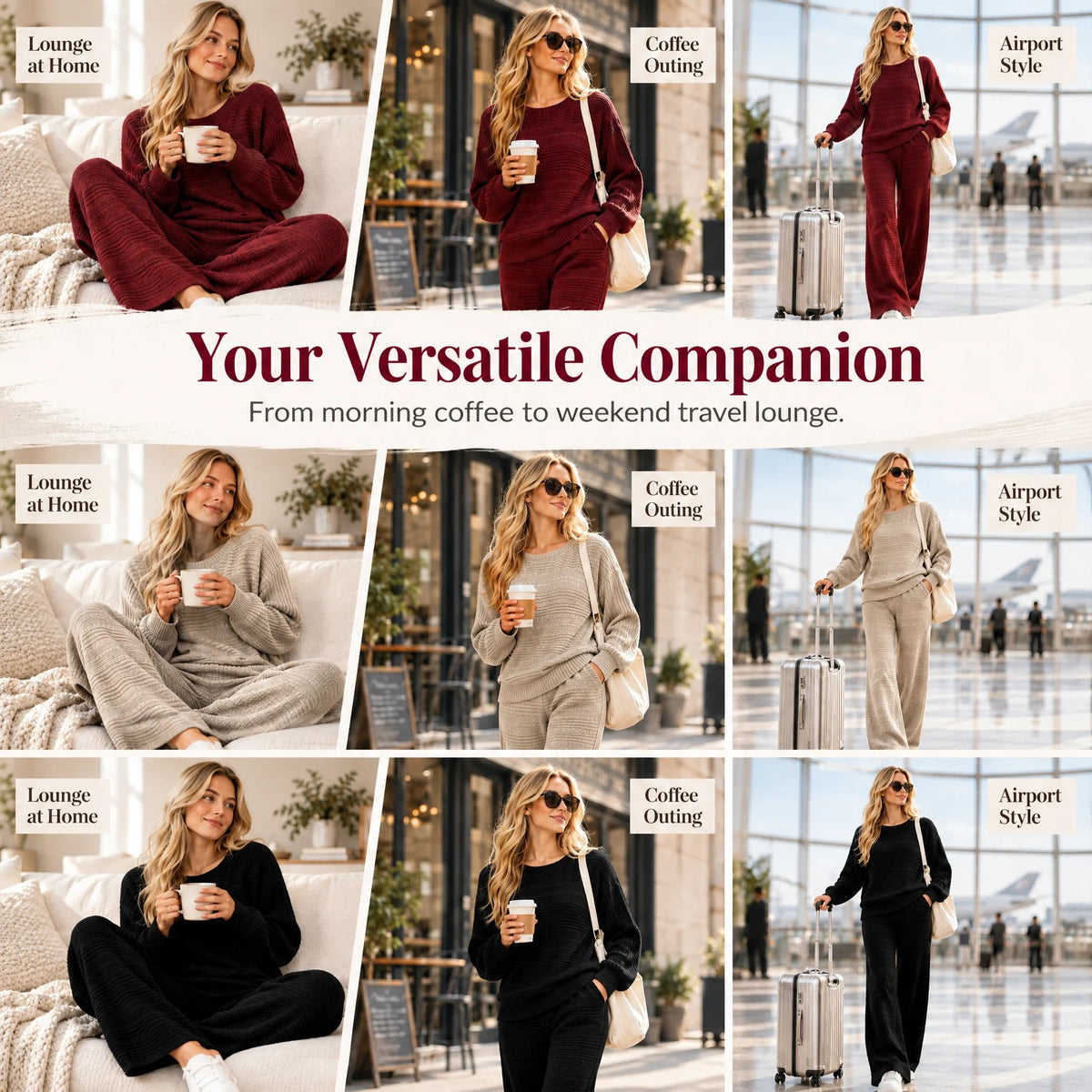 Autumn Winter Ribbed Knit Two-Piece Set Women's Casual Long Sleeve Top and Wide Leg Pants