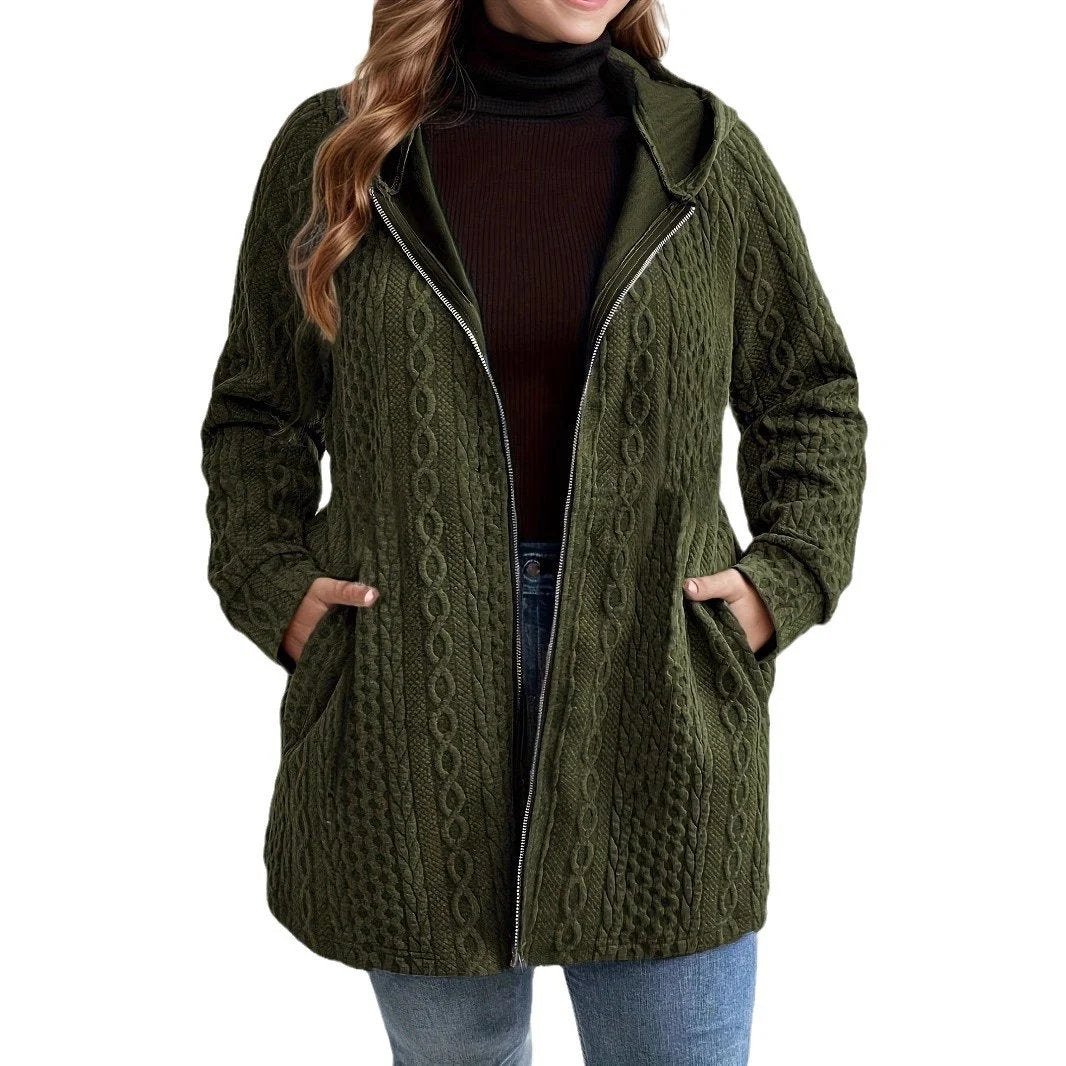 Women's Textured Cable Knit Hooded Zip Cardigan Loose Fit Casual Coat with Pockets