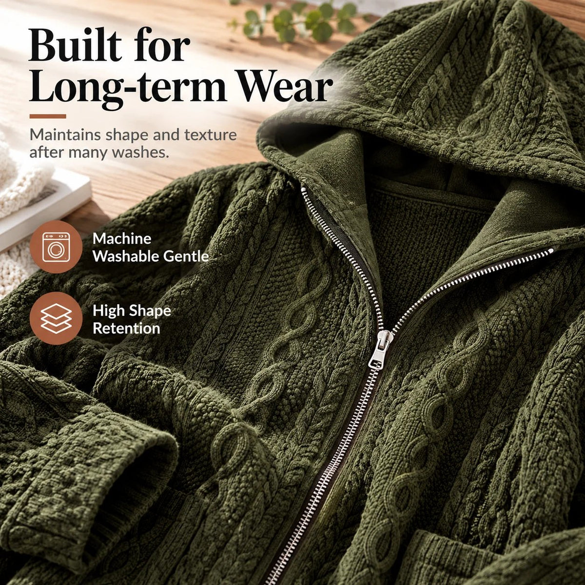 Women's Textured Cable Knit Hooded Zip Cardigan Loose Fit Casual Coat with Pockets