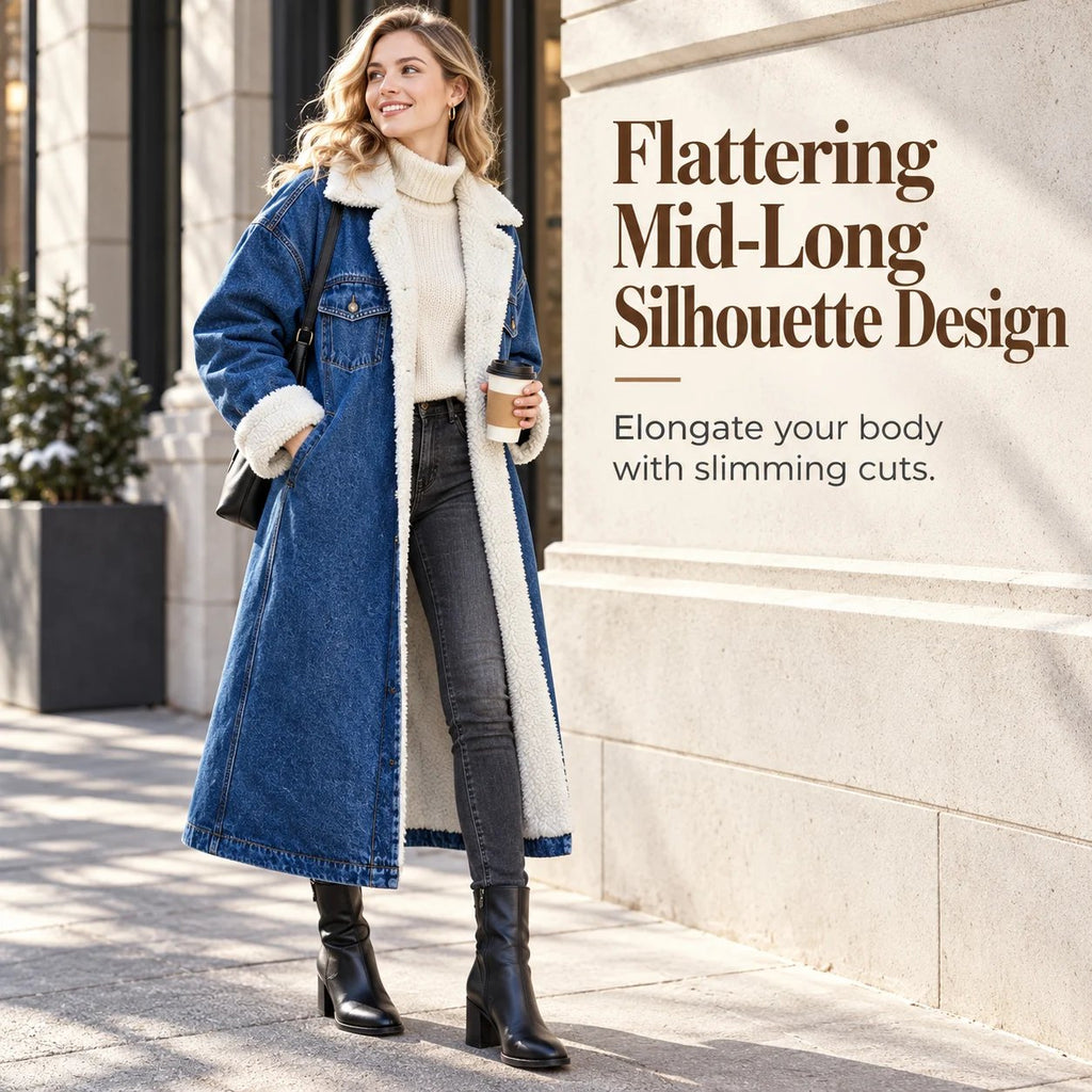 Winter Thickened Lamb Wool Lined Long Denim Jacket for Women