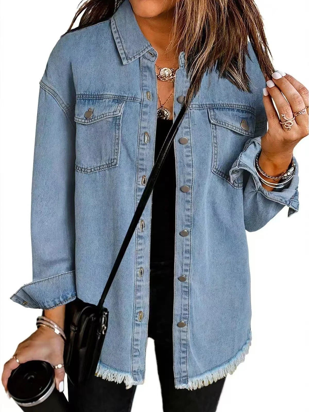 Autumn Street-Style Washed Denim Shirt Jacket with Frayed Hem