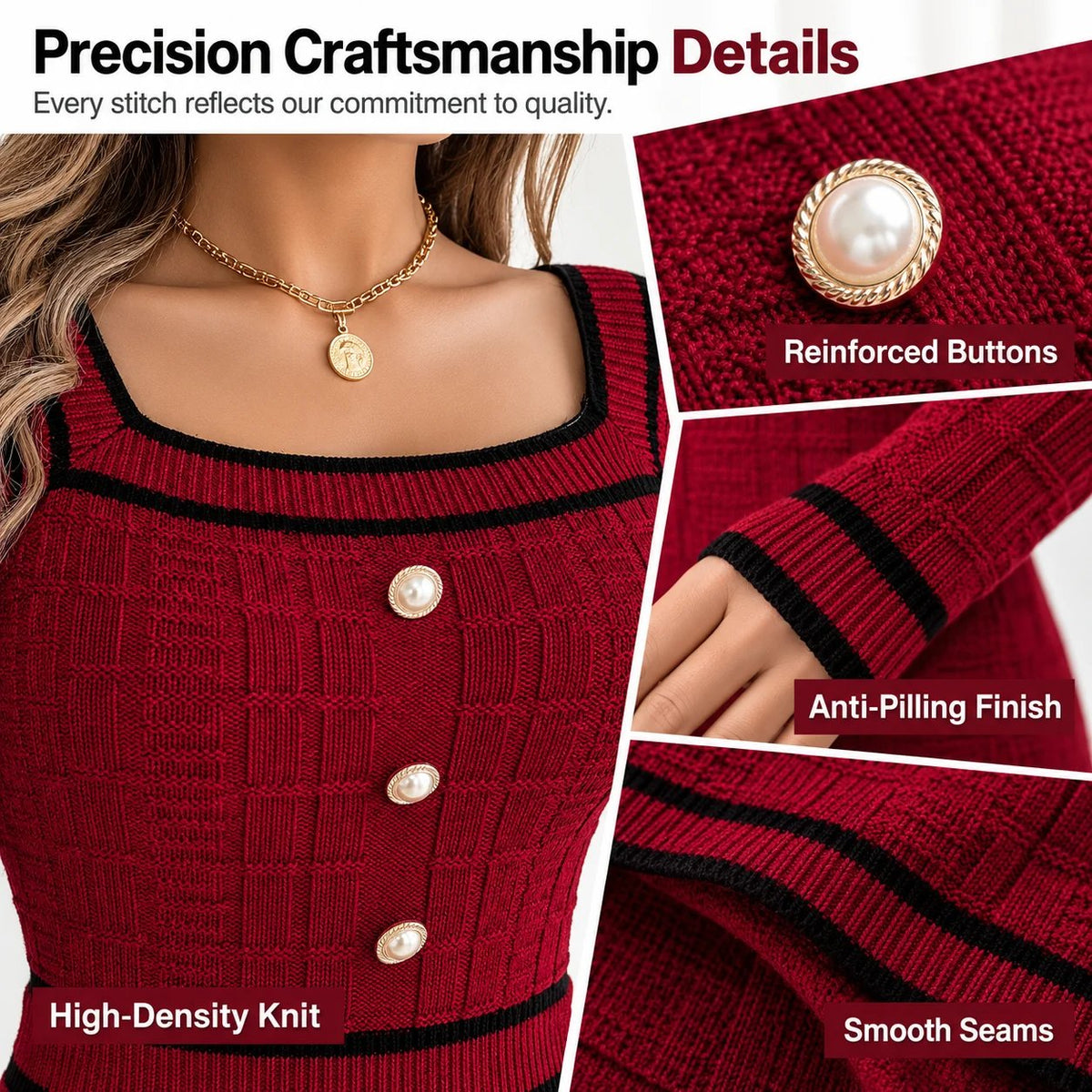 Elegant European-style autumn/winter knit top featuring a square neck, button-front, and long sleeves, paired with a form-fitting skirt.