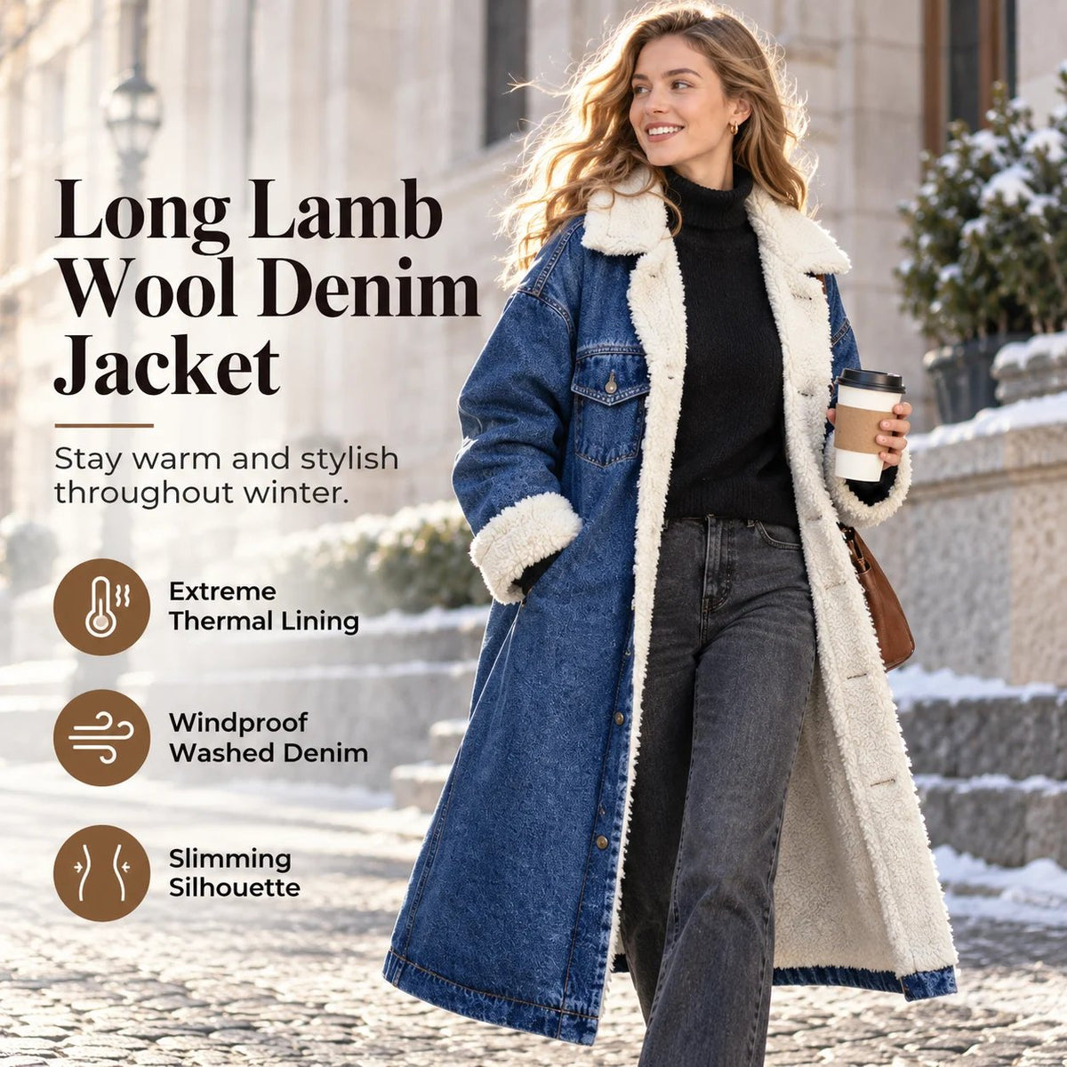 Winter Thickened Lamb Wool Lined Long Denim Jacket for Women